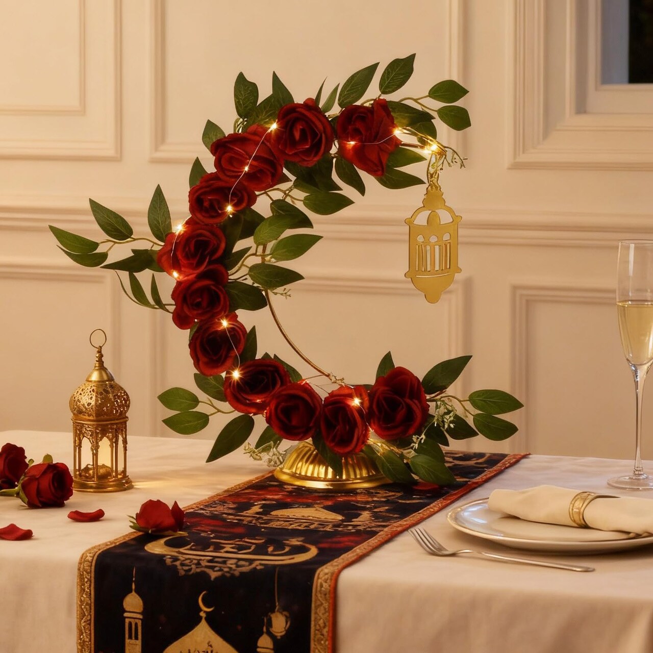 Ramadan Decorations Eid Mubarak Table Decor Lighted Moon Shaped Wreaths with Castle for Fireplace Office Bedroom Party Supplies Muslim Party Tabletop Decor Home (Rose)